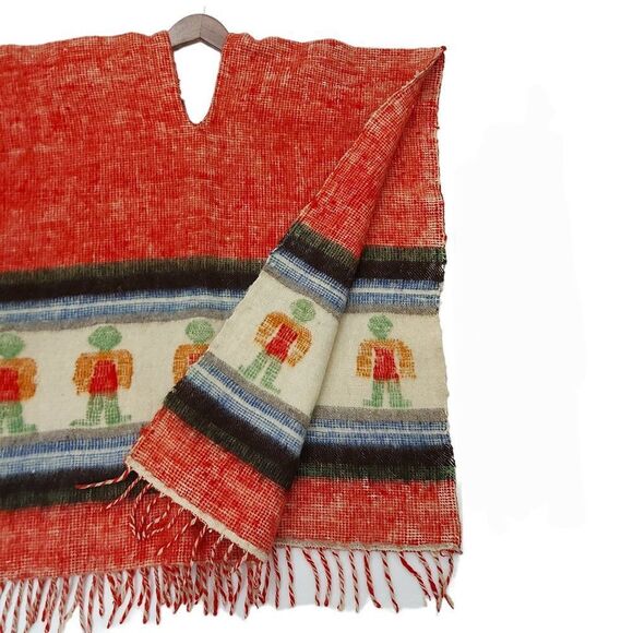 Wool Poncho One Size Red Beige Kids Knitted Fringed - Picture 4 of 8